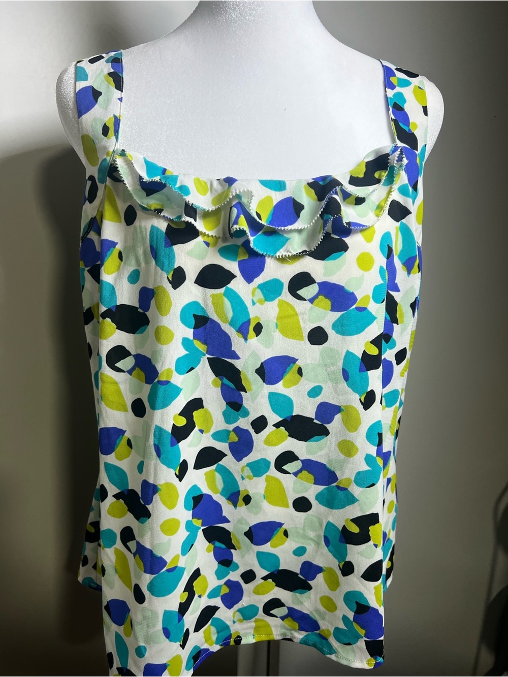 Chadwicks White Sleeveless Ruffle Neck Camisole with Blue, Green & Black Print